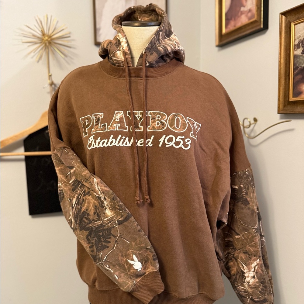 PLAYBOY by PACSUN Brown Hoodie with Camouflage Accents Excellent Condition